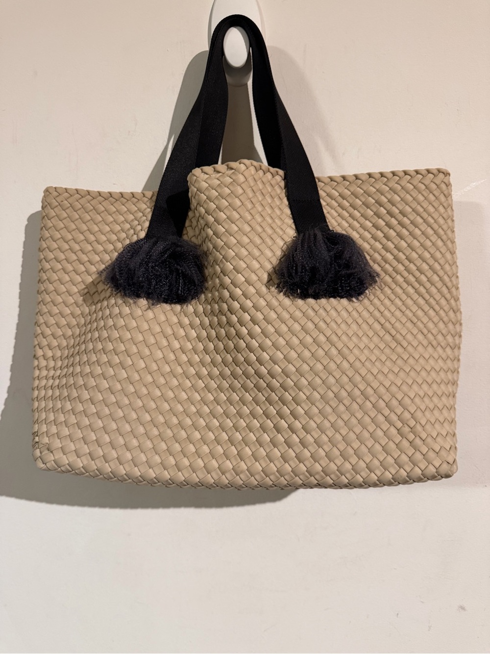 Naghedi Tulum large Woven Tote Bag with Black Handles and Tassels - Beige